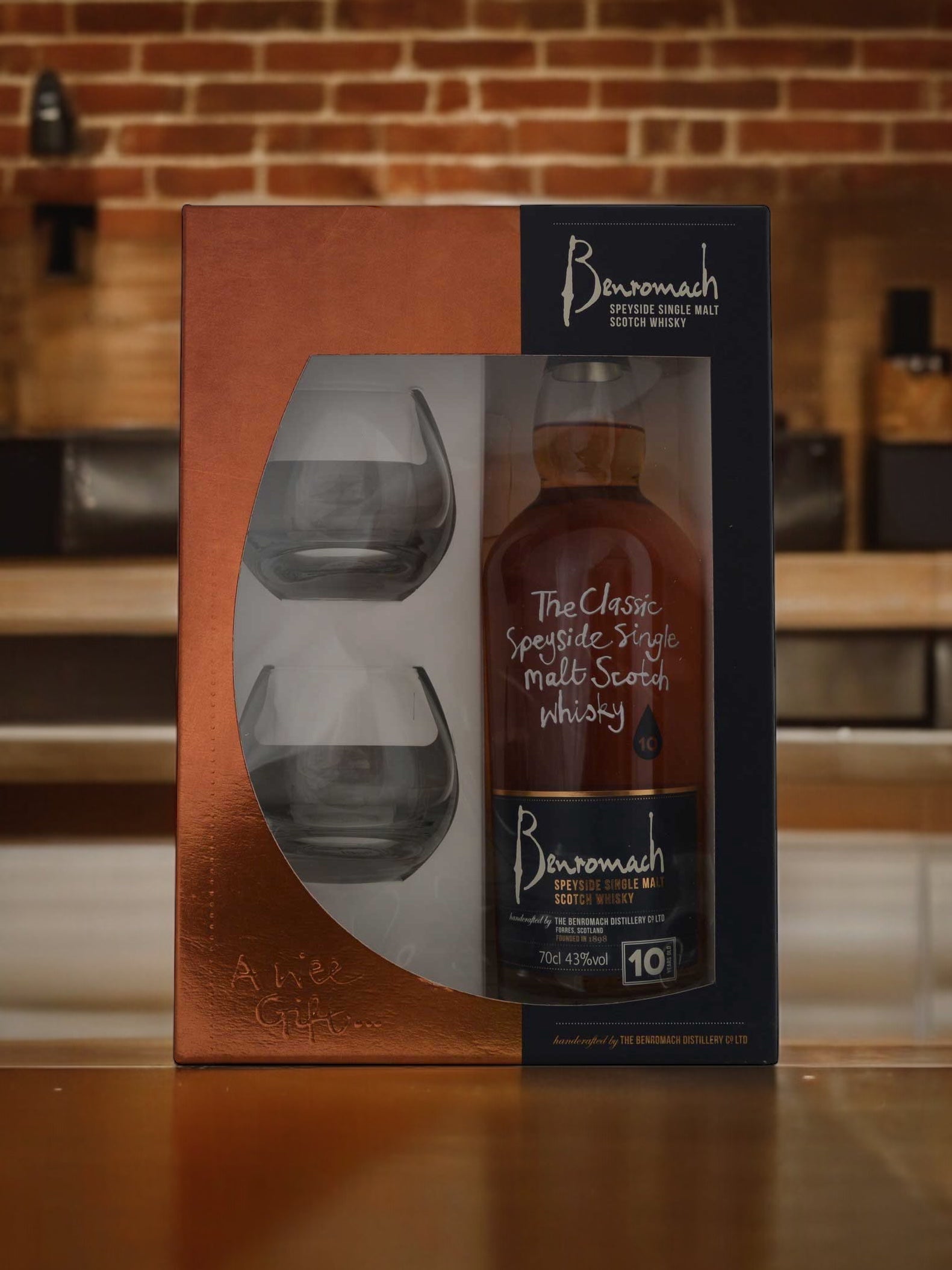 Benromach 10 Year Old Single Malt Scotch Whisky Gift Set with Two Tasting Glasses