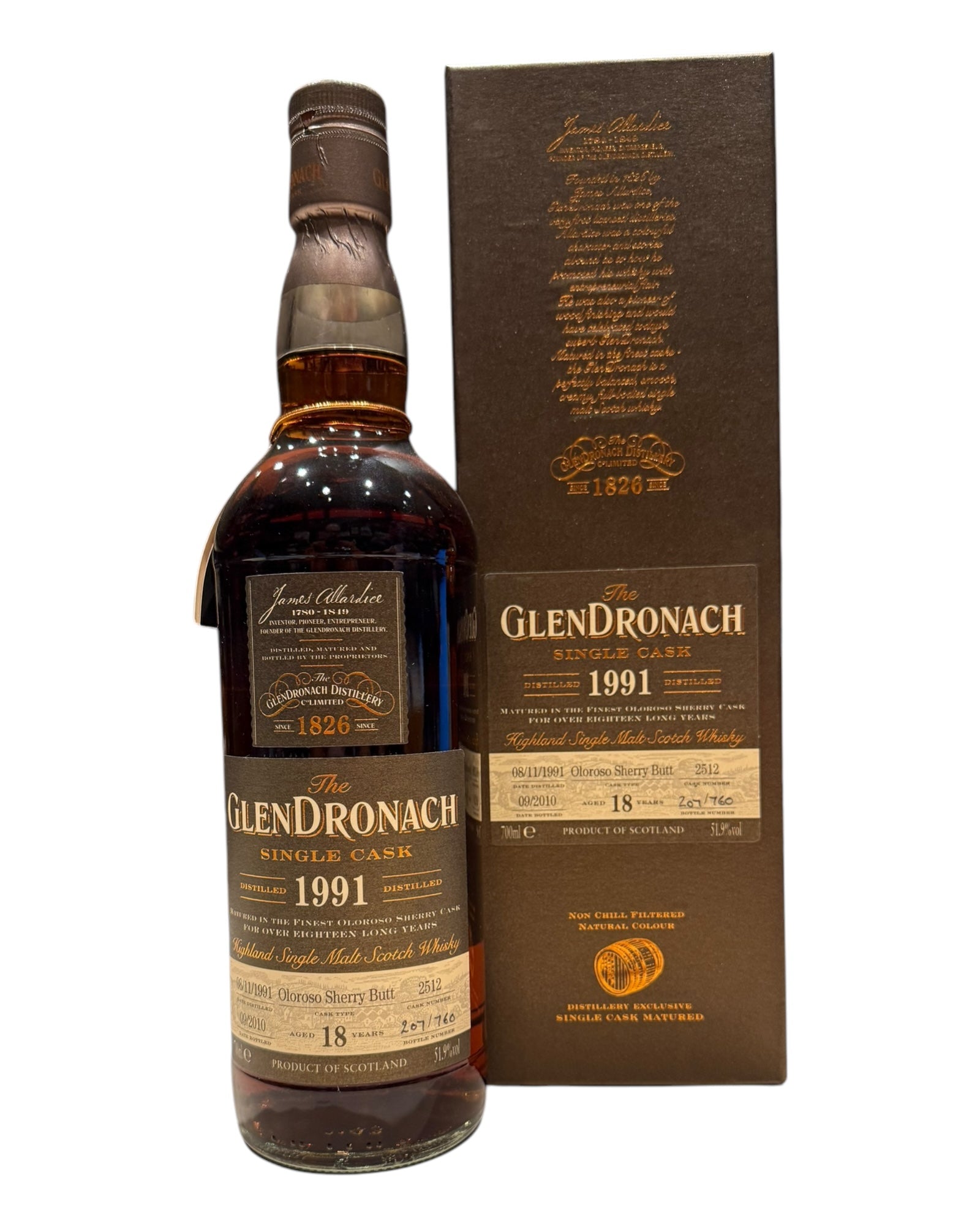 Glendronach 1991 18 Year Old, Oloroso Sherry Single Cask #2512 with Box 